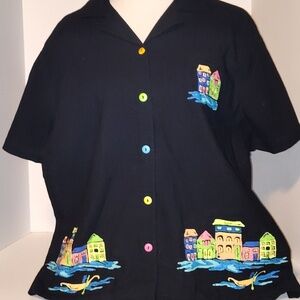 Vintage Jane Ashley But Not Short Sleeve Multi Colorful House Print Venice 1x